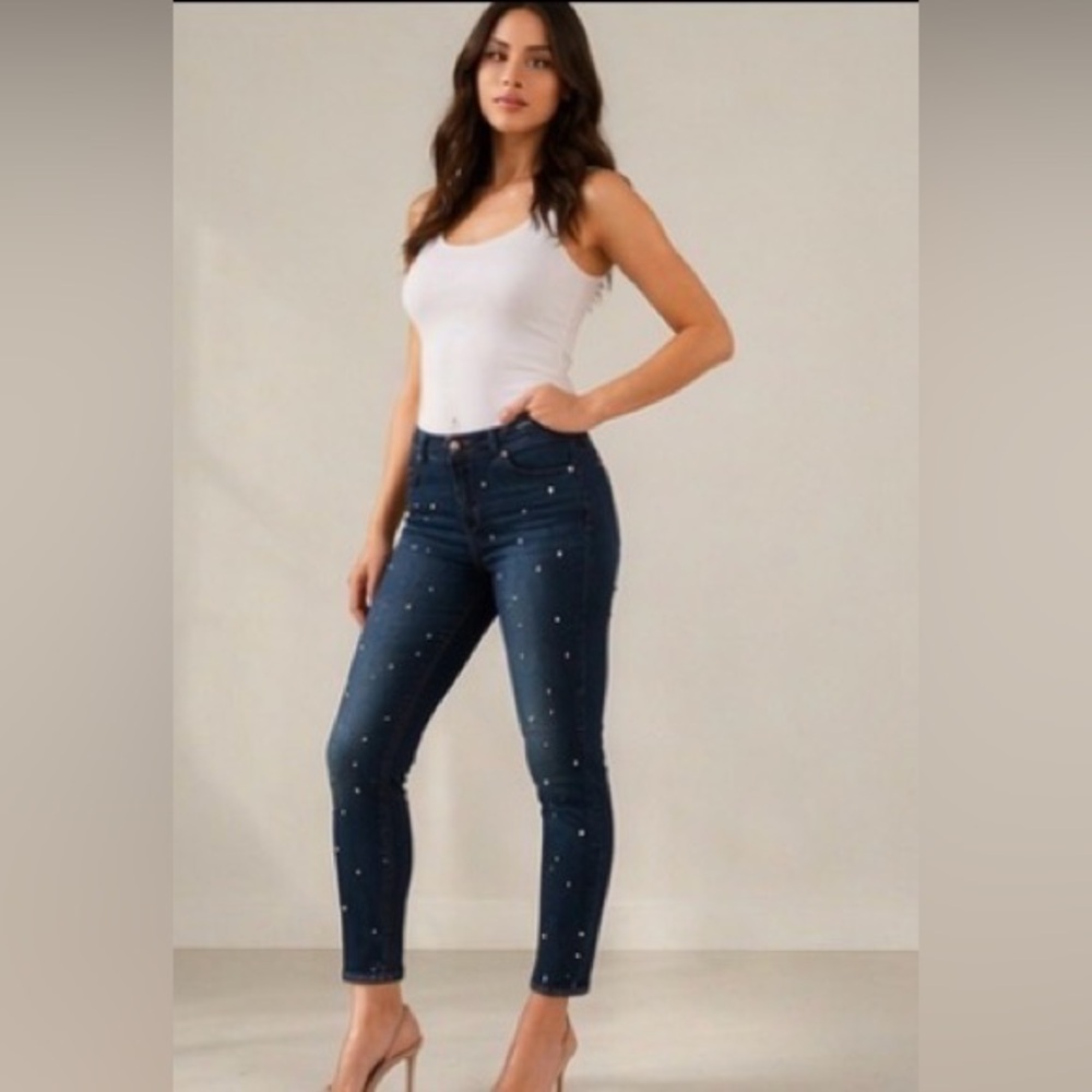 Jennifer Lopez Dark Indigo Pearl-Accent Skinny Jeans